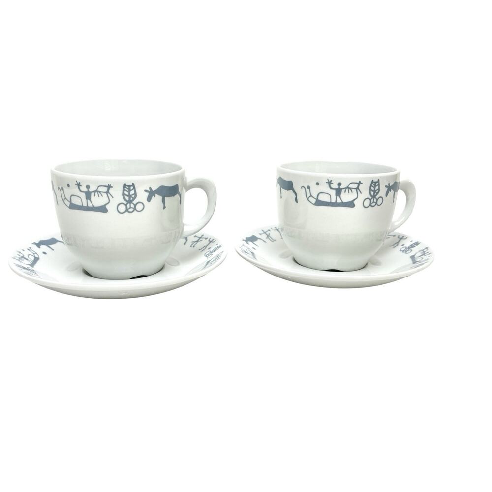 Vintage Cup Saucer Set Lot 2 Figgjo Norway Vitro Porselen Native Hunting Scene